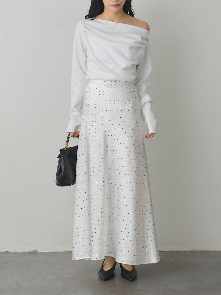 【SET】【Essential】2wayショルダードレープカットトップス+ドットサテンスカート(2set)