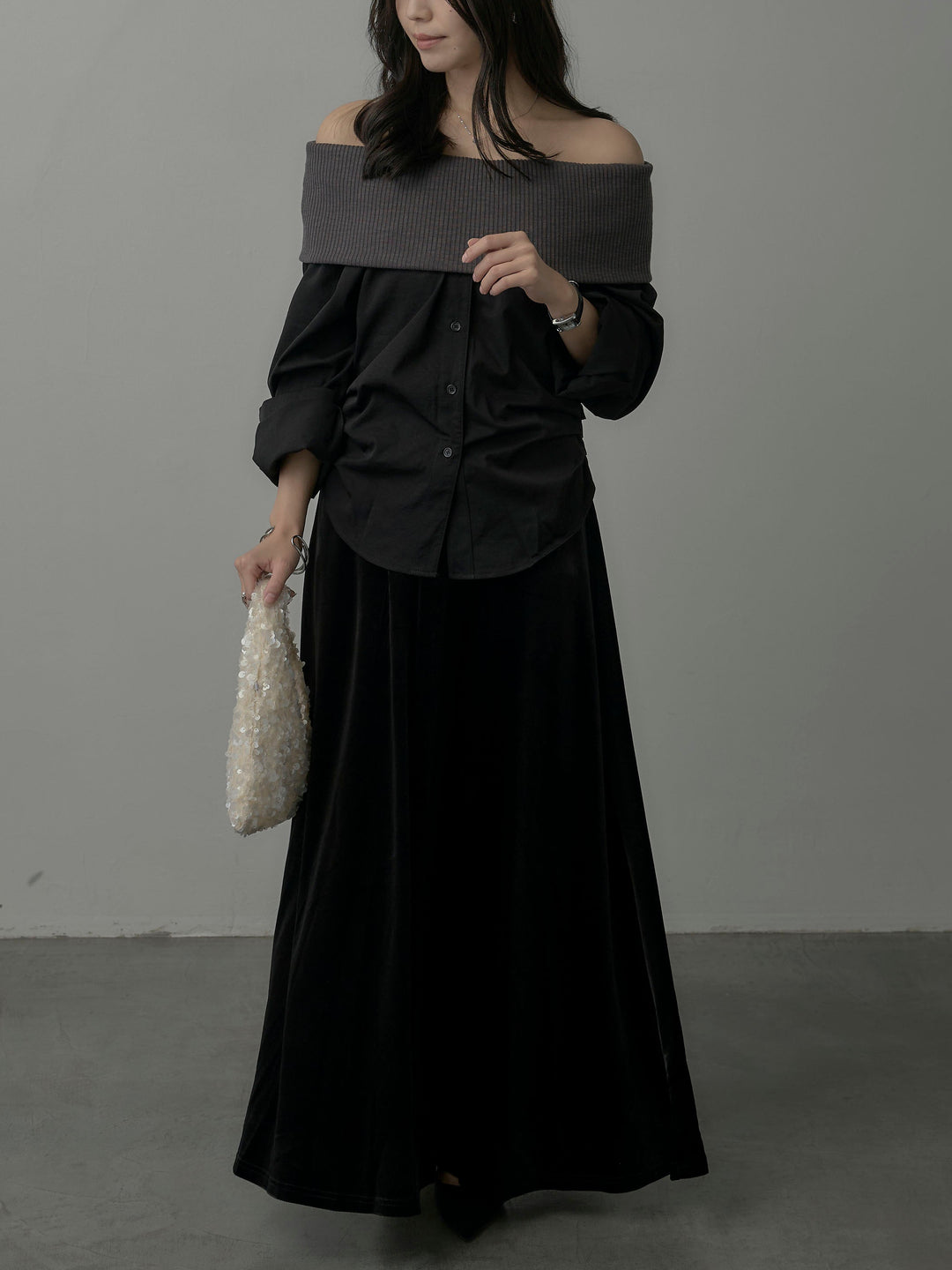 【SET】ニットシャツドッキングオフショルトップス+ベロアフレアロングスカート(2set)