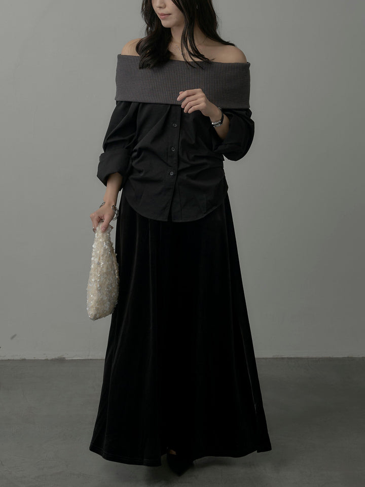 【SET】ニットシャツドッキングオフショルトップス+ベロアフレアロングスカート(2set)