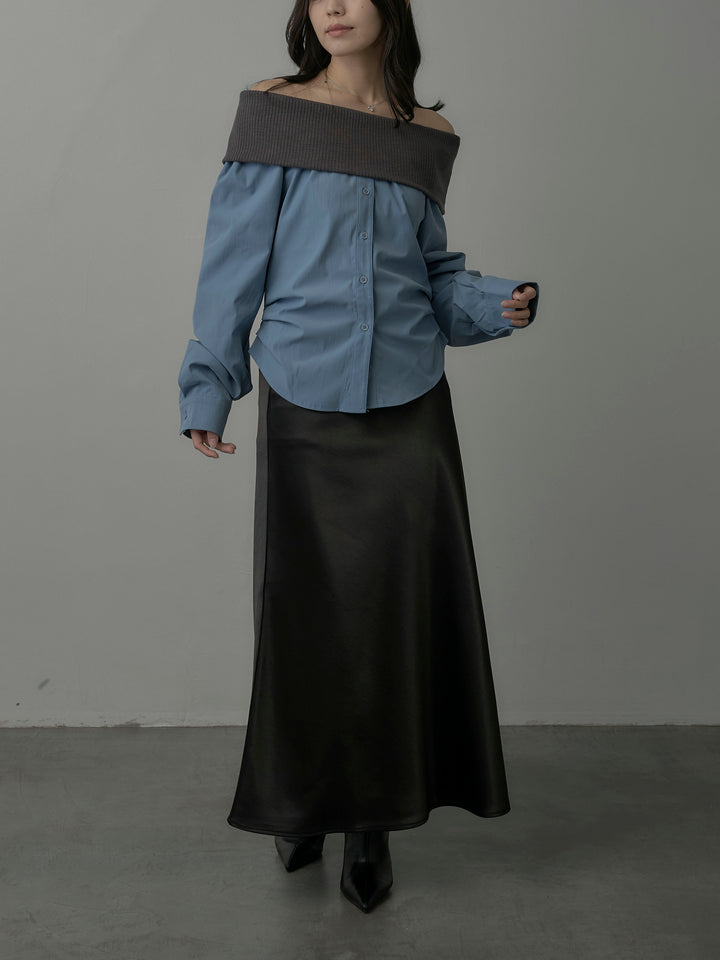 【SET】ニットシャツドッキングオフショルトップス+ヘビーサテンAラインスカート(2set)