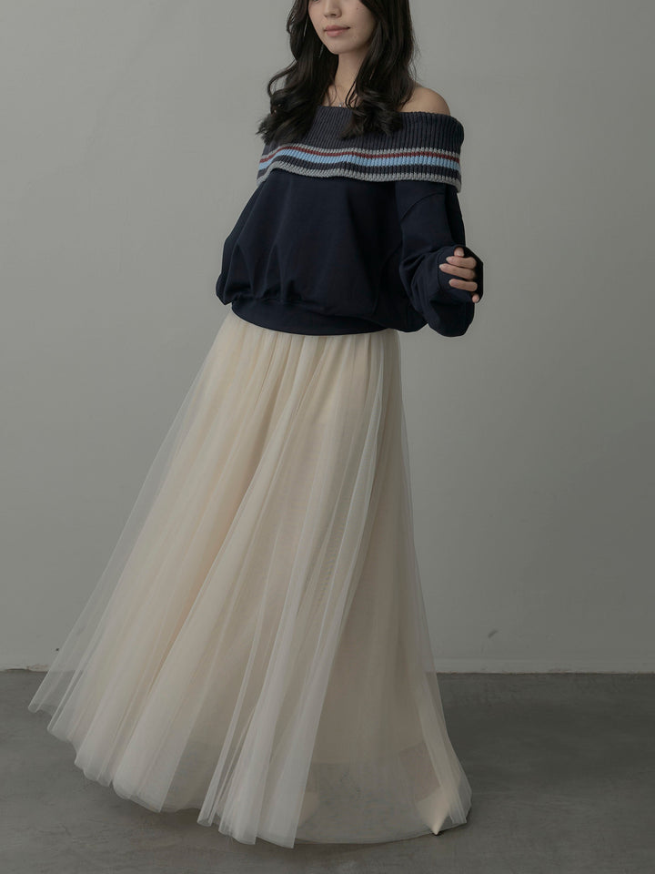 【SET】配色ボーダースウェットオフショルトップス+ボリュームチュールスカート(2set)