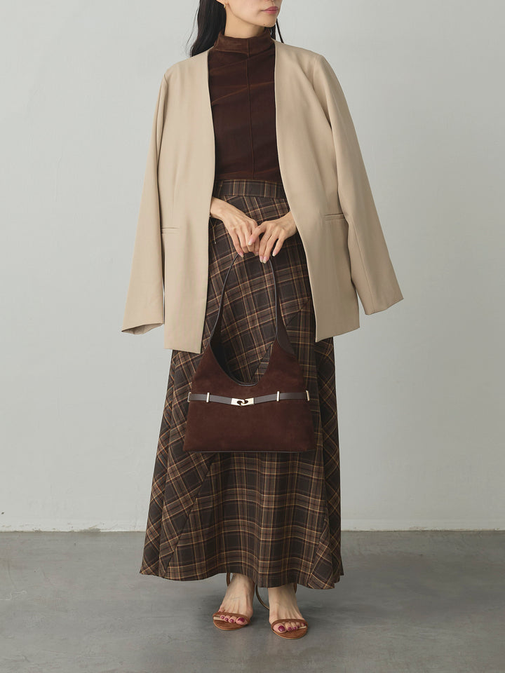 【SET】【Essential】フロントホックノーカラージャケット+メッシュベロアノースリーブトップス+クラシカルチェックパネルスカート(3set)