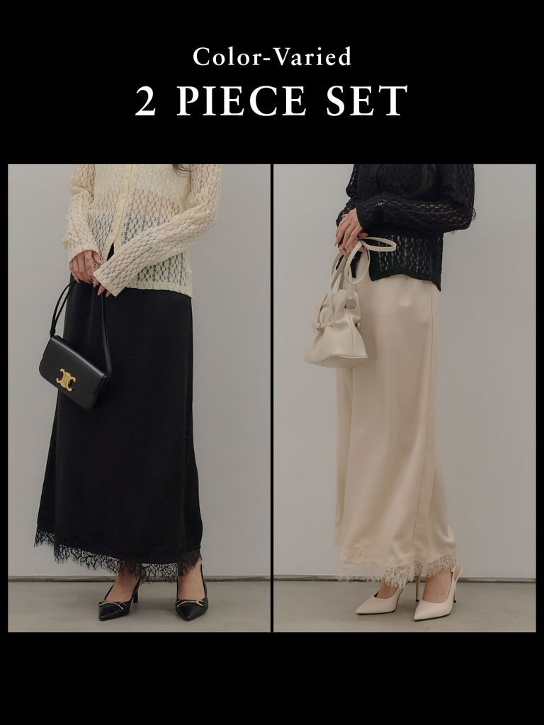SET】裾レースサテンナロースカート+裾レースサテンナロースカート