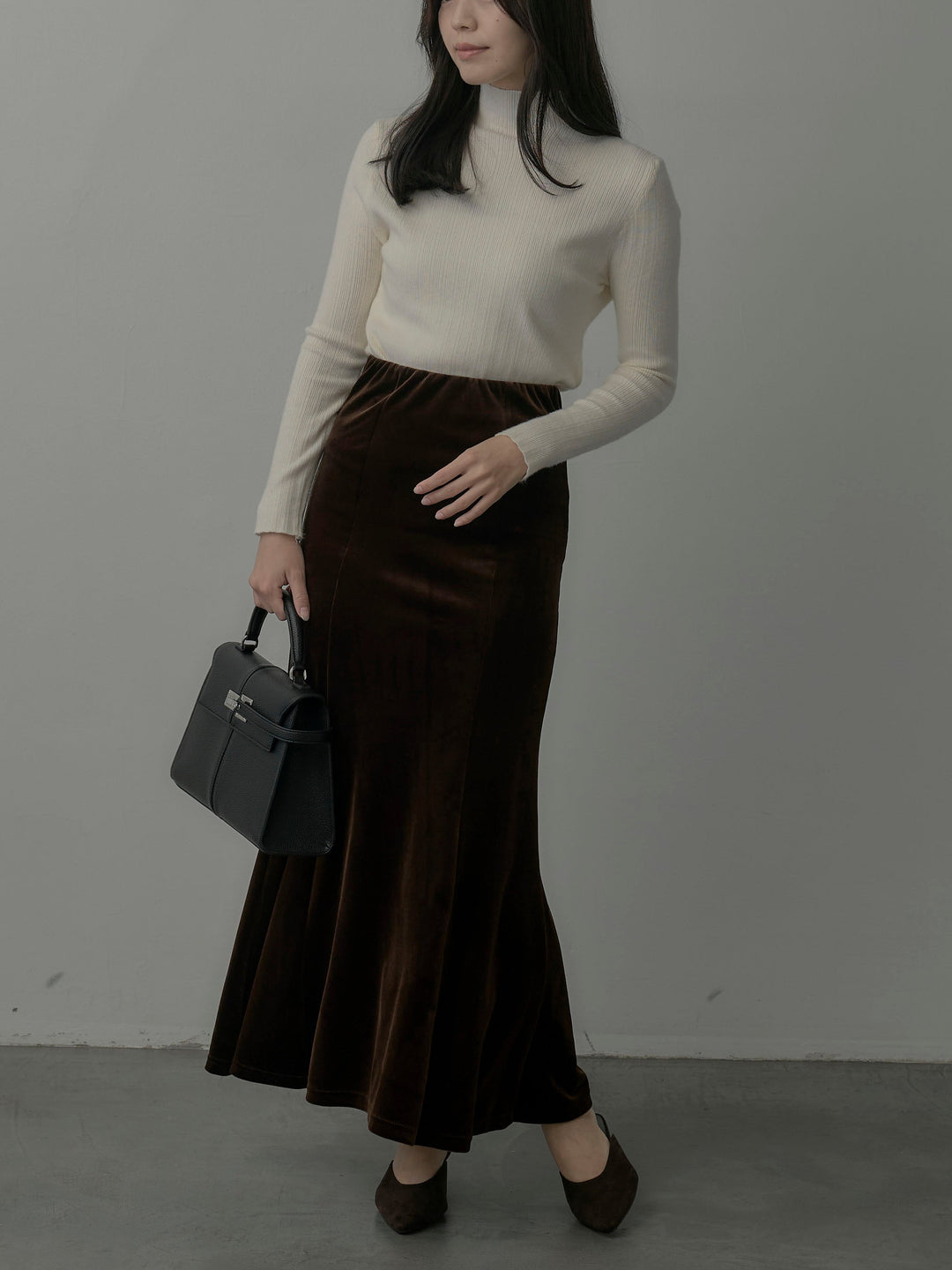 【SET】マフラー付き2WAYケープコート+リブニットタートルネック+ベロアマーメイドスカート(3set)