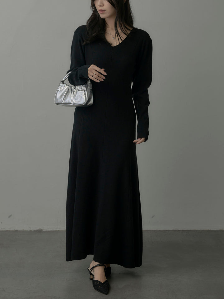 【SET】ショールカラーニットカーディガン+Vネックニットロングワンピース(2set)