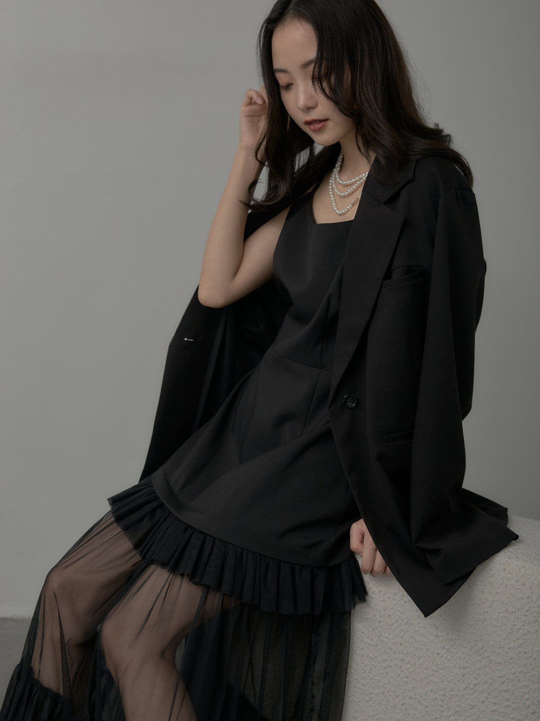 【SET】【Essential】ボックスシルエットテーラードジャケット+チュールドッキングキャミワンピース(2set)