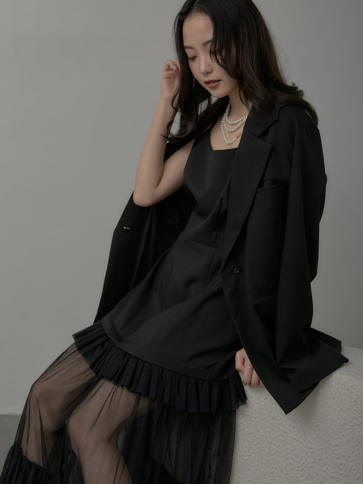 【SET】【Essential】ボックスシルエットテーラードジャケット+チュールドッキングキャミワンピース(2set)