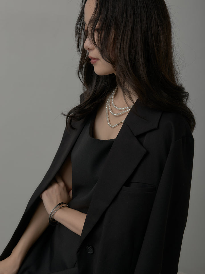 【SET】【Essential】ボックスシルエットテーラードジャケット+チュールドッキングキャミワンピース(2set)