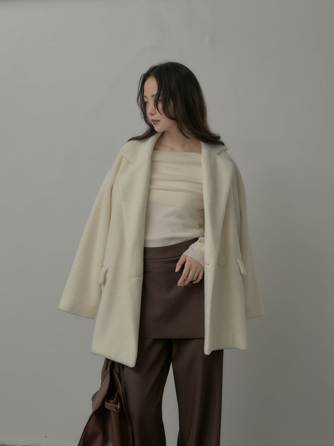 【SET】【Essential】オーバーサイズジャケットコート+オフショルリブニットトップス(2set)