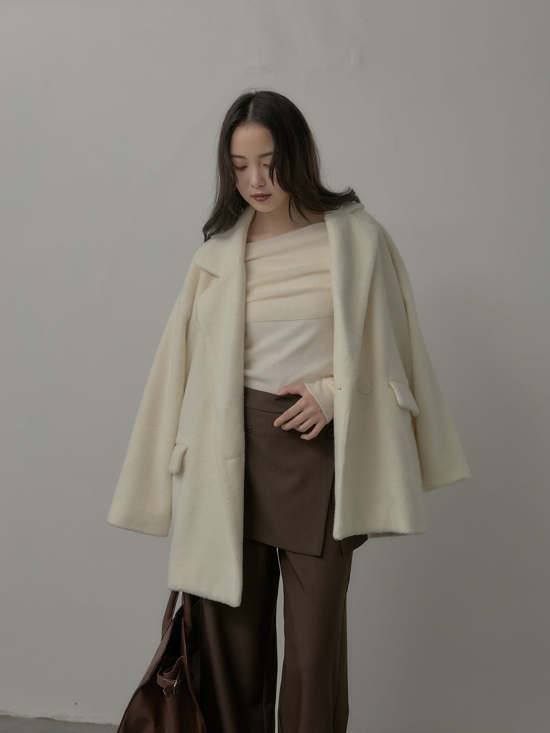 【SET】【Essential】オーバーサイズジャケットコート+オフショルリブニットトップス(2set)