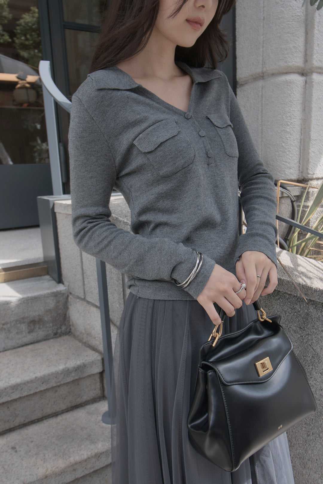 [予約]ポケットデザインリブニットトップス