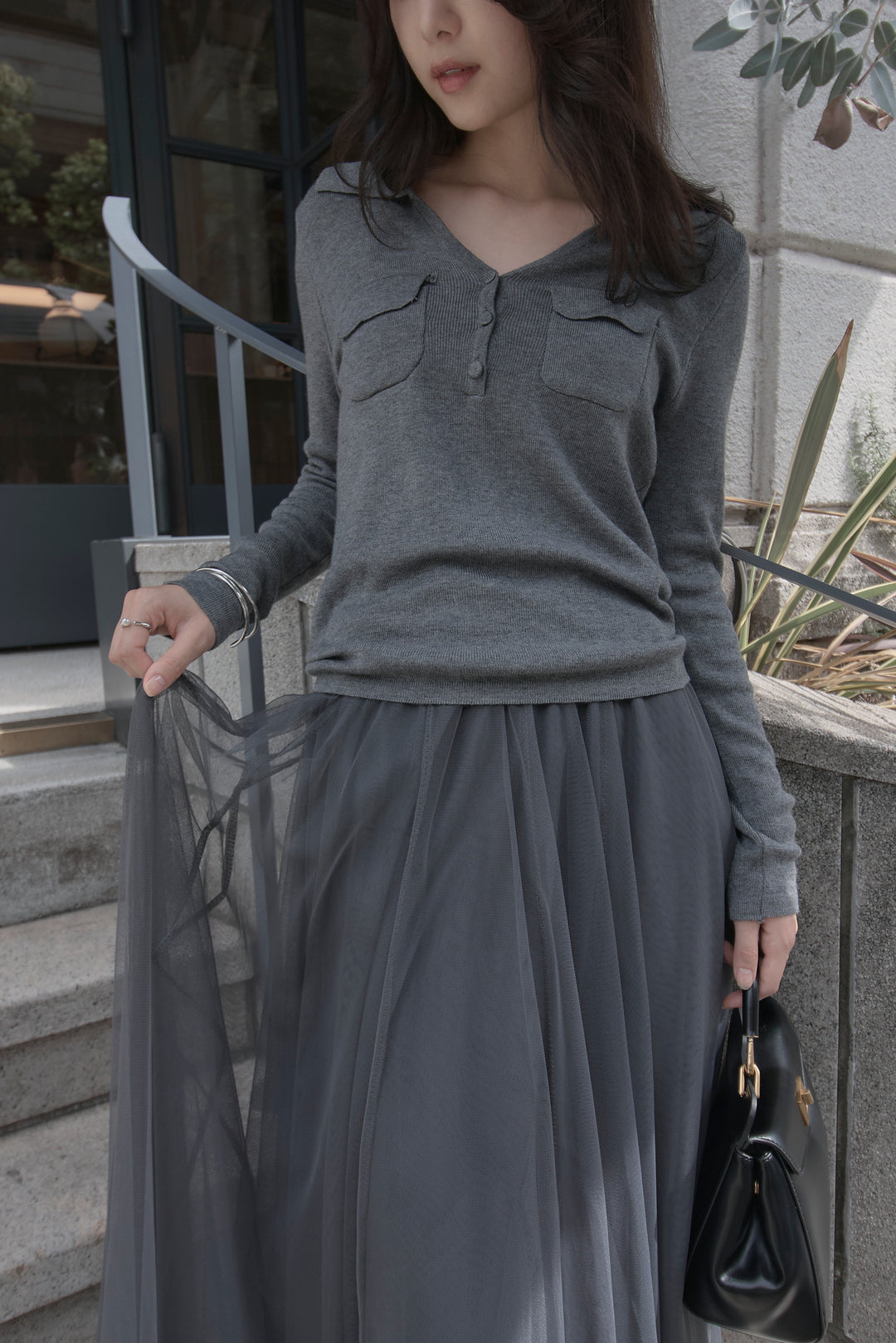 [予約]ポケットデザインリブニットトップス