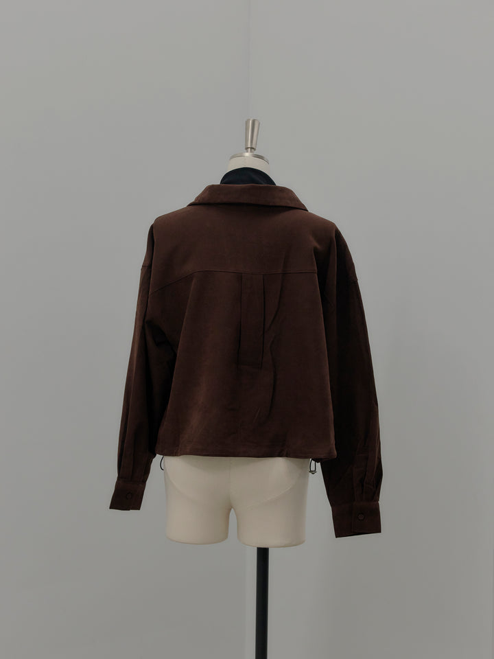 ドッキングデザイン裾ドロストスエードシャツ