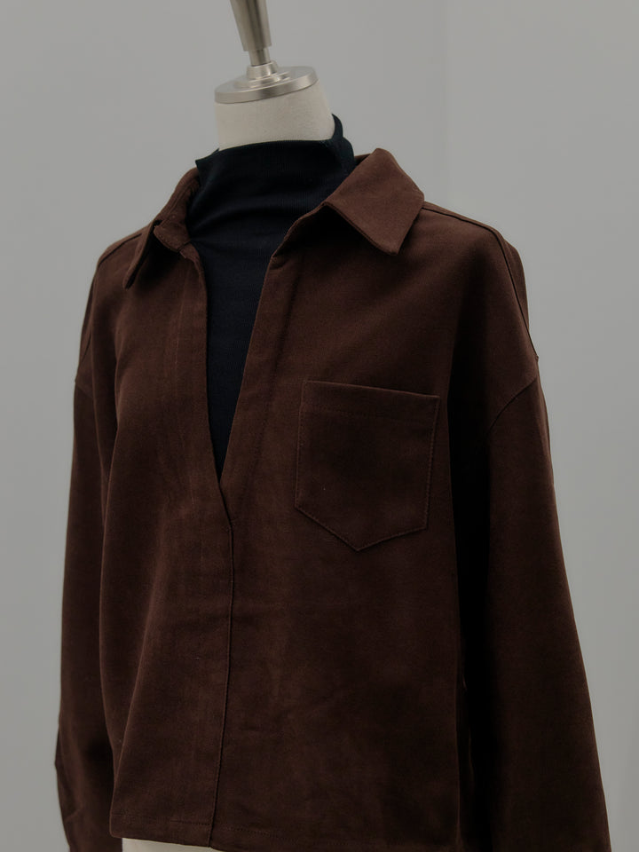 ドッキングデザイン裾ドロストスエードシャツ