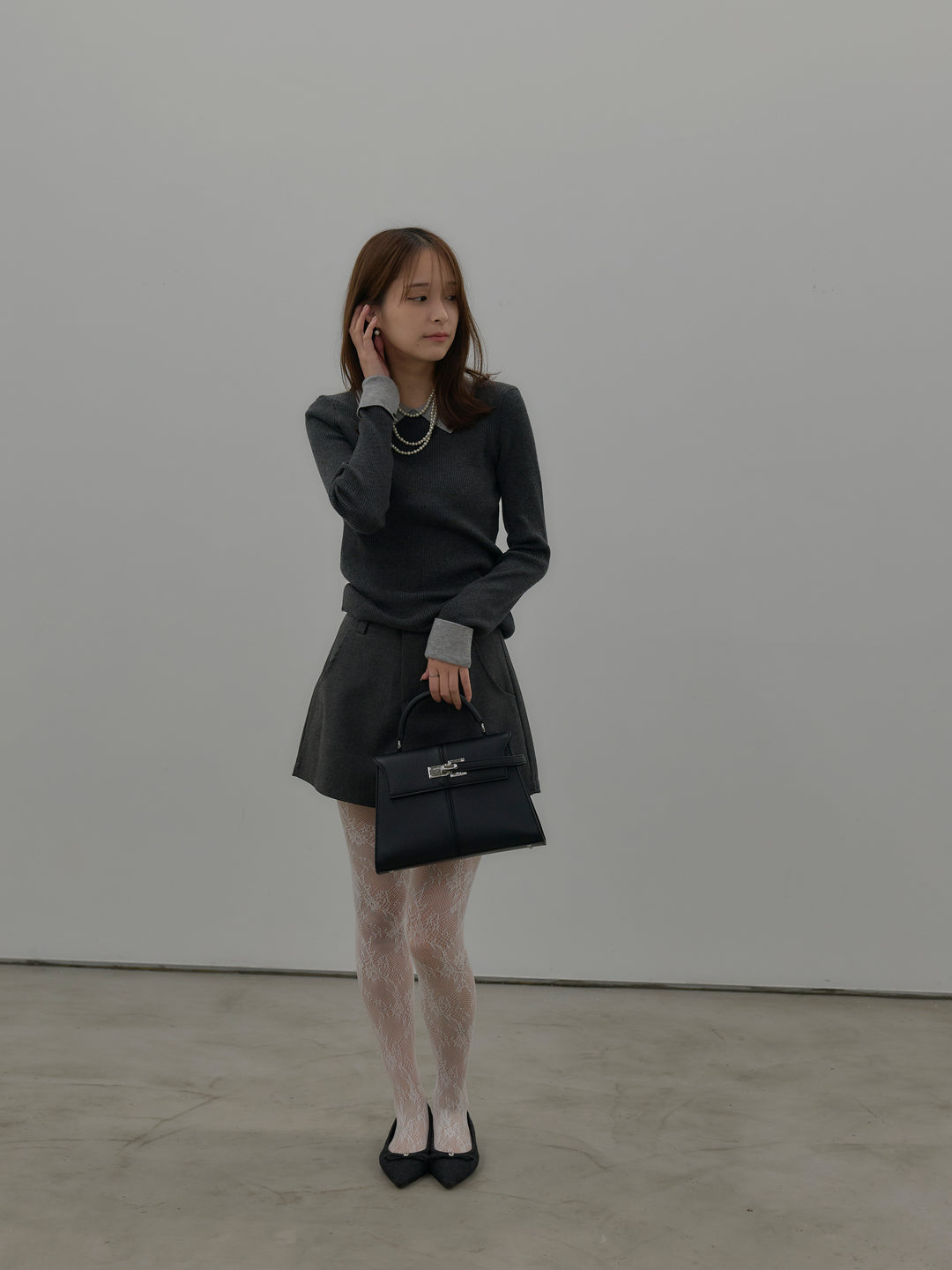 【SET】配色カフスニットポロ+ウールタッチミニショートパンツ(2set)