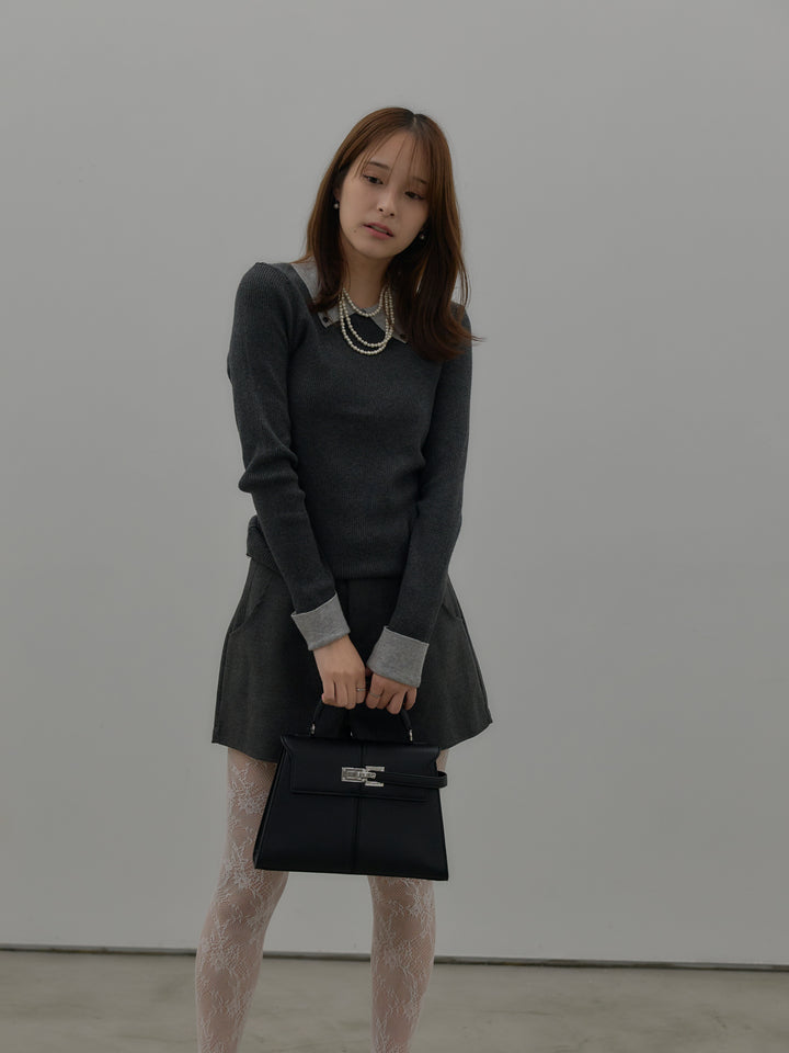 【SET】配色カフスニットポロ+ウールタッチミニショートパンツ(2set)