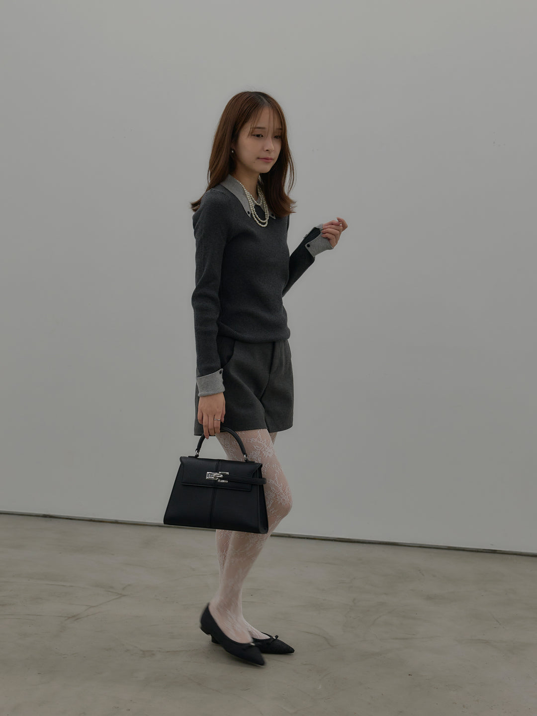 【SET】配色カフスニットポロ+ウールタッチミニショートパンツ(2set)