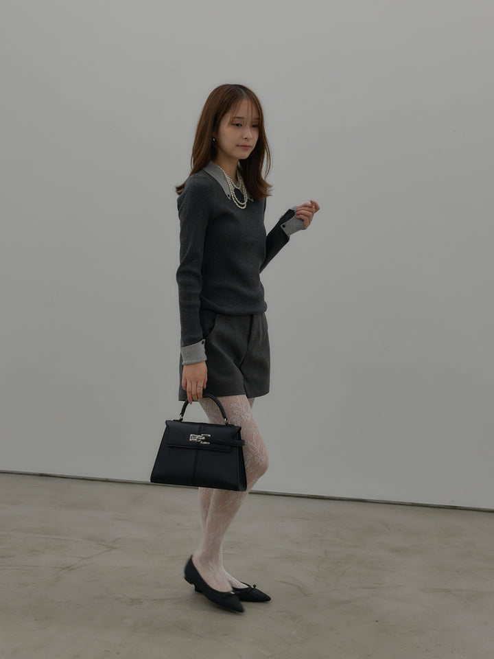 【SET】配色カフスニットポロ+ウールタッチミニショートパンツ(2set)