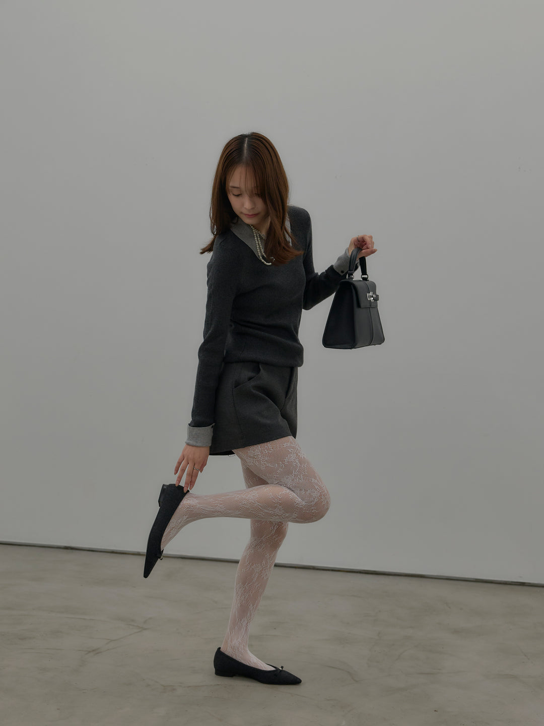 【SET】配色カフスニットポロ+ウールタッチミニショートパンツ(2set)