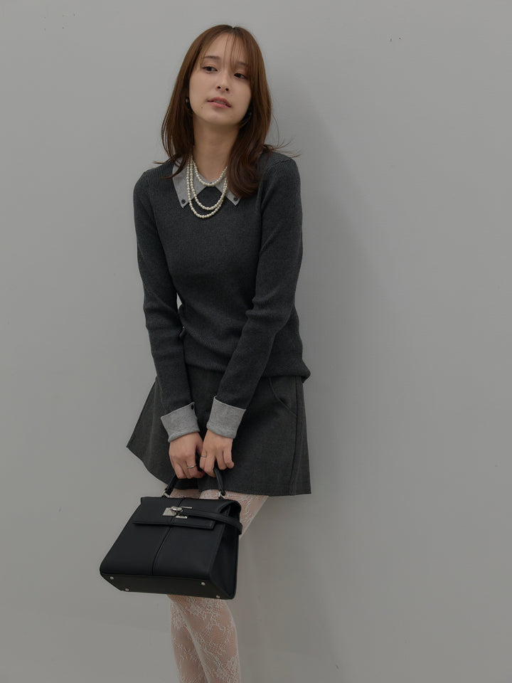 【SET】配色カフスニットポロ+ウールタッチミニショートパンツ(2set)