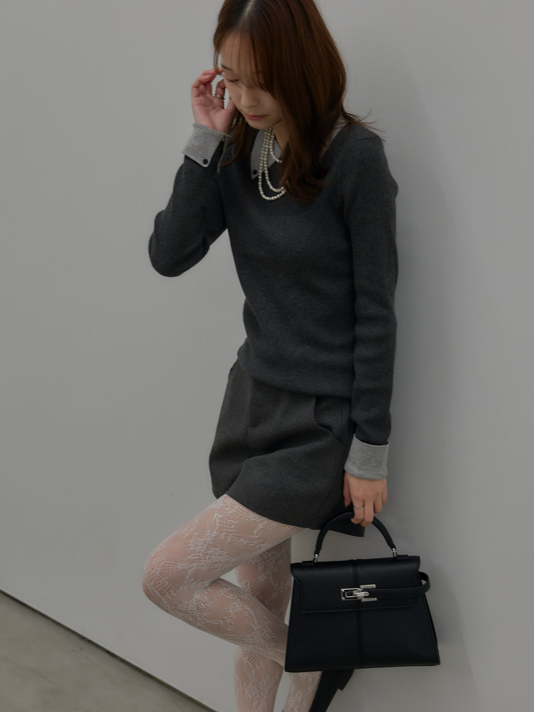 【SET】配色カフスニットポロ+ウールタッチミニショートパンツ(2set)