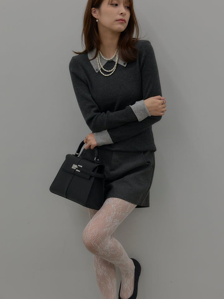 【SET】配色カフスニットポロ+ウールタッチミニショートパンツ(2set)