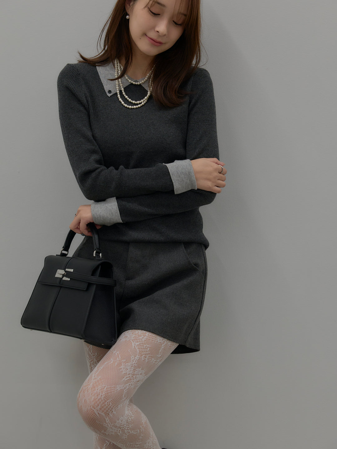 【SET】配色カフスニットポロ+ウールタッチミニショートパンツ(2set)