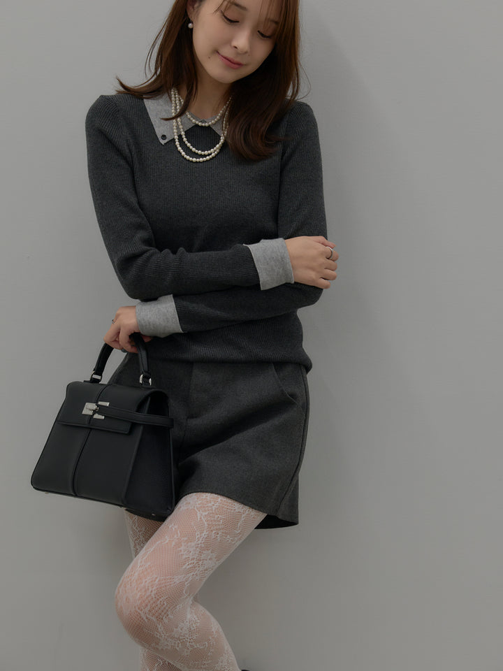 【SET】配色カフスニットポロ+ウールタッチミニショートパンツ(2set)