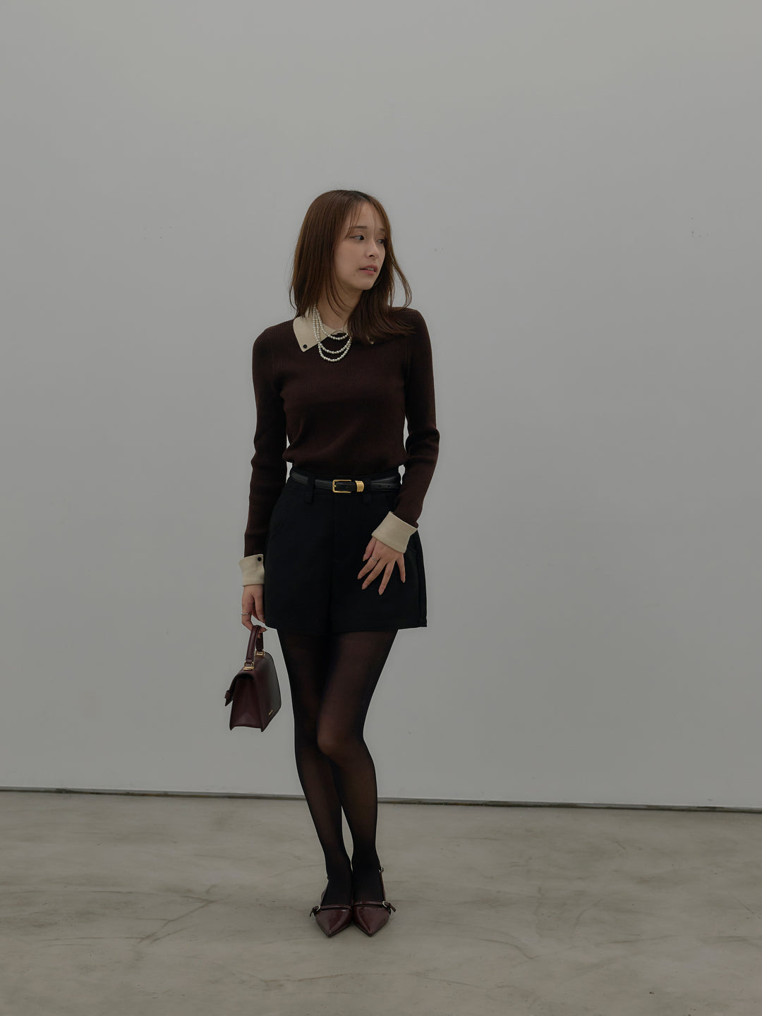 【SET】配色カフスニットポロ+ウールタッチミニショートパンツ(2set)