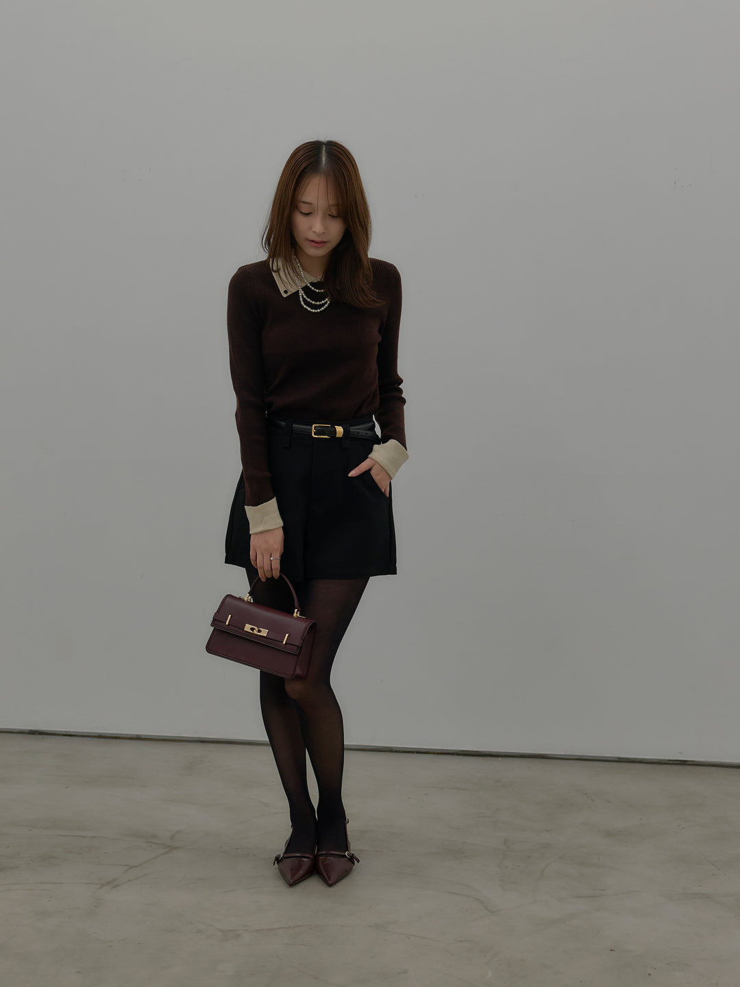 【SET】配色カフスニットポロ+ウールタッチミニショートパンツ(2set)