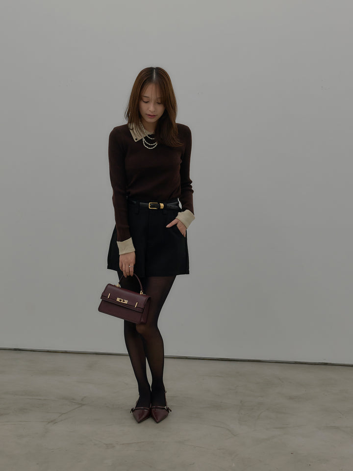 【SET】配色カフスニットポロ+ウールタッチミニショートパンツ(2set)