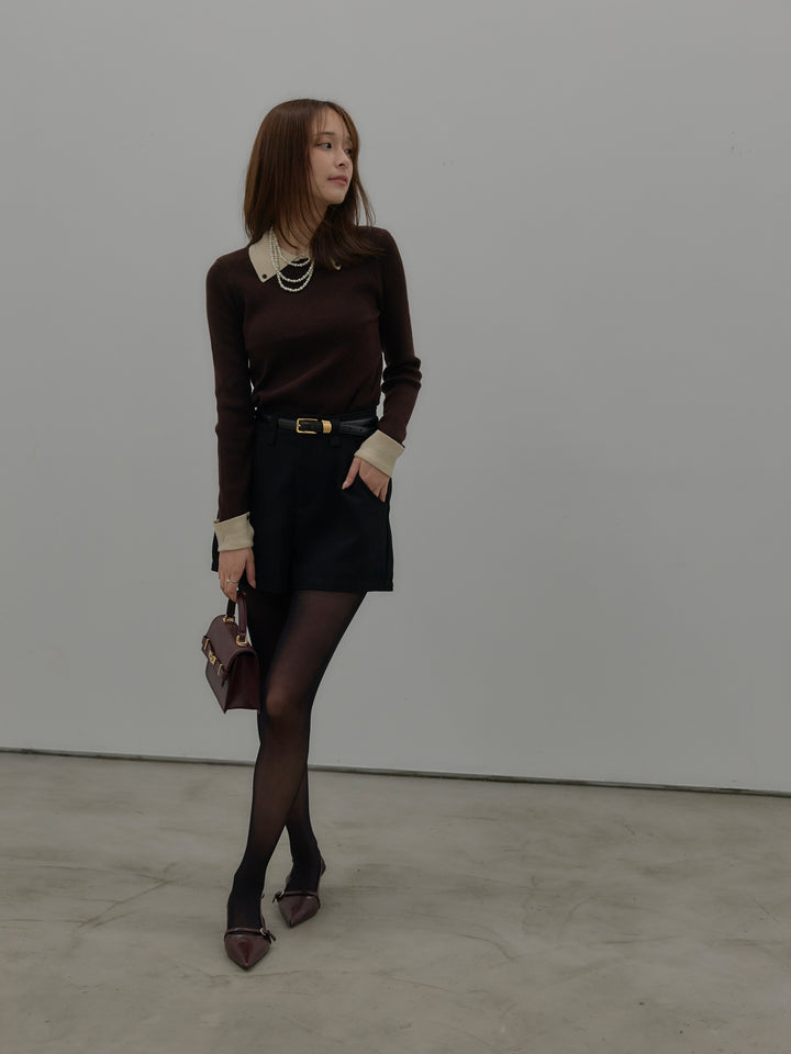 【SET】配色カフスニットポロ+ウールタッチミニショートパンツ(2set)