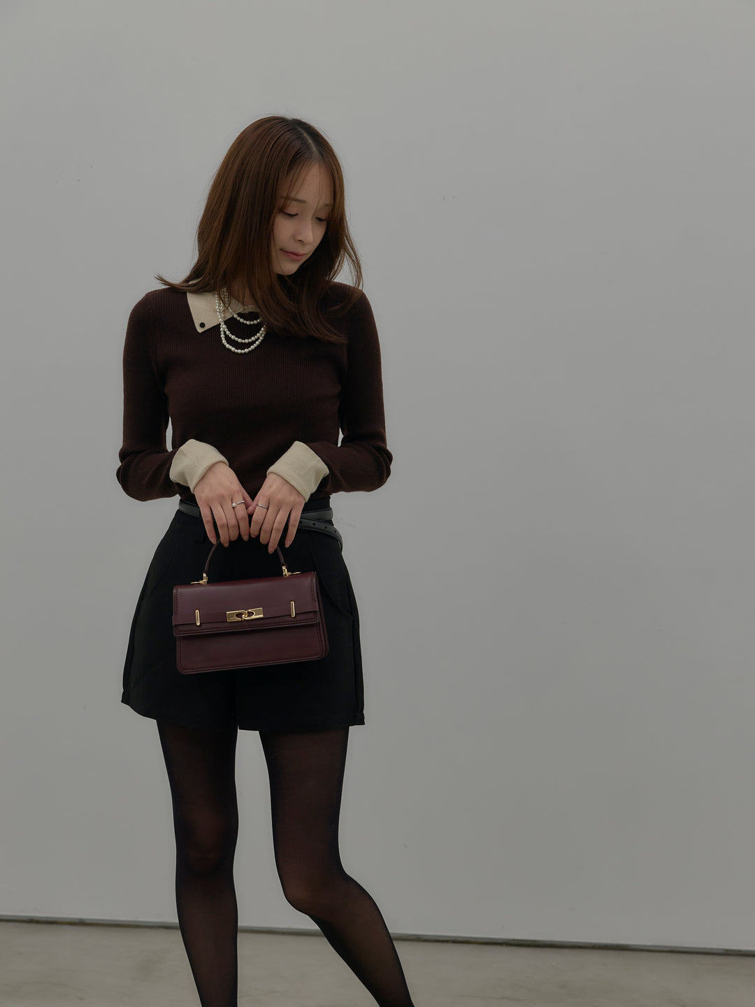 【SET】配色カフスニットポロ+ウールタッチミニショートパンツ(2set)