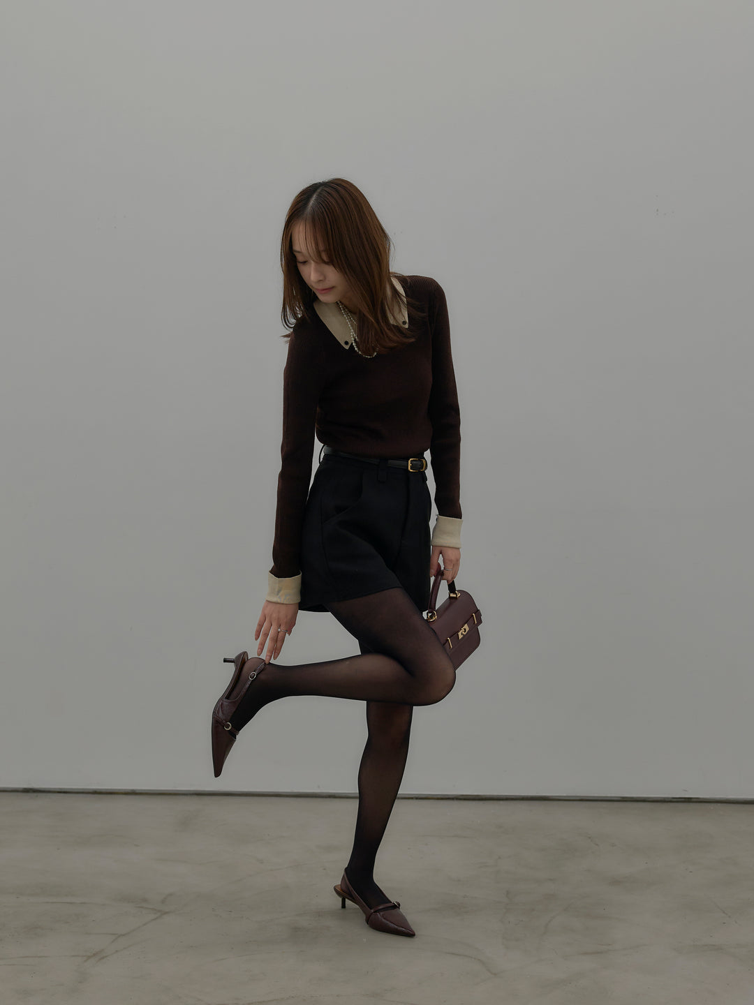 【SET】配色カフスニットポロ+ウールタッチミニショートパンツ(2set)