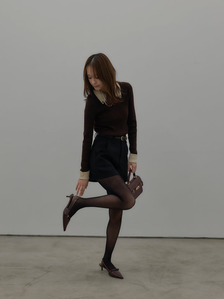 【SET】配色カフスニットポロ+ウールタッチミニショートパンツ(2set)