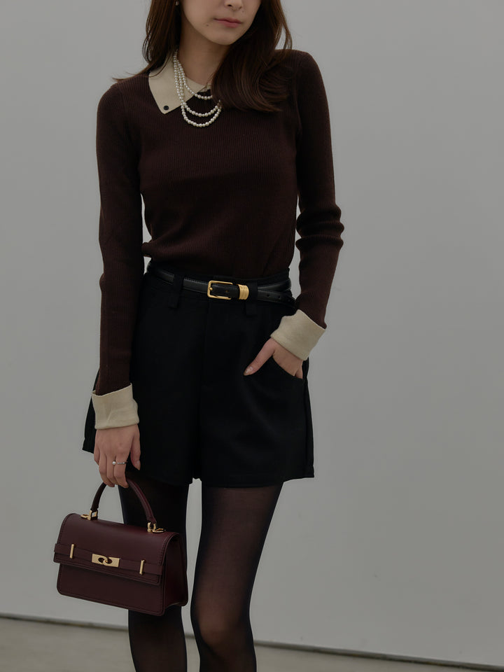 【SET】配色カフスニットポロ+ウールタッチミニショートパンツ(2set)