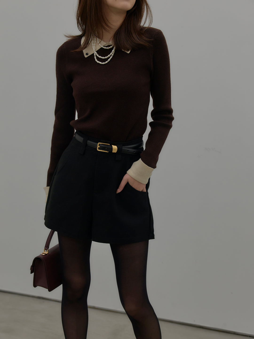 【SET】配色カフスニットポロ+ウールタッチミニショートパンツ(2set)