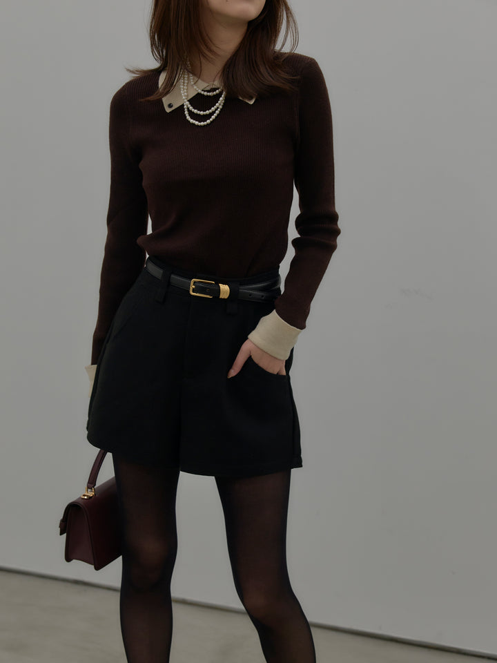 【SET】配色カフスニットポロ+ウールタッチミニショートパンツ(2set)