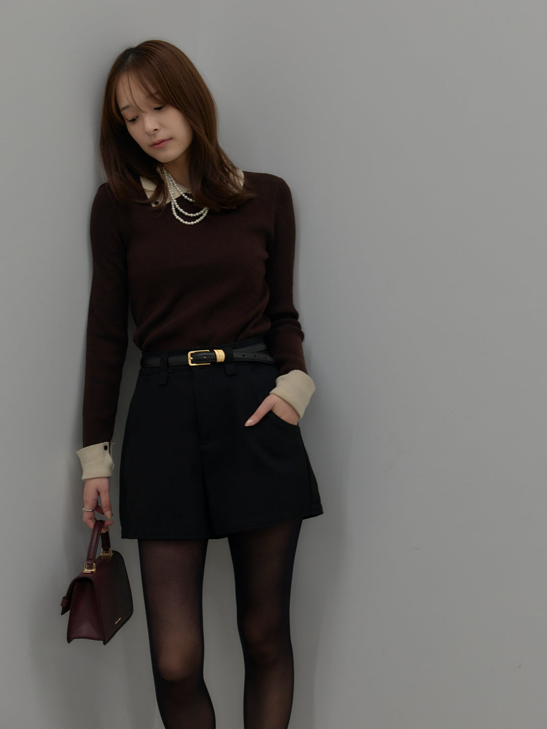 【SET】配色カフスニットポロ+ウールタッチミニショートパンツ(2set)