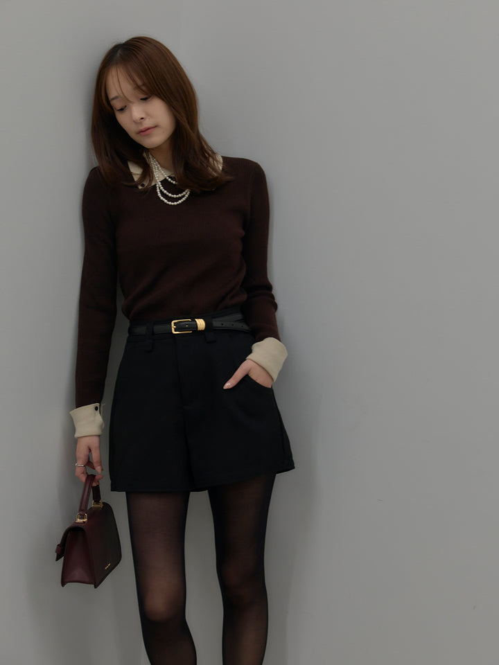 【SET】配色カフスニットポロ+ウールタッチミニショートパンツ(2set)