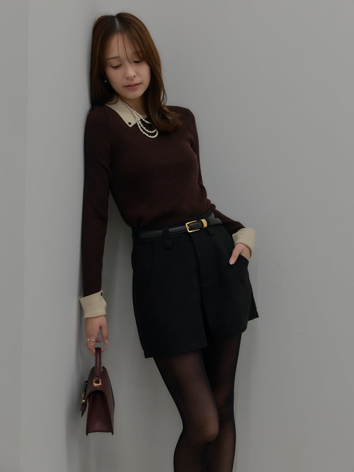 【SET】配色カフスニットポロ+ウールタッチミニショートパンツ(2set)