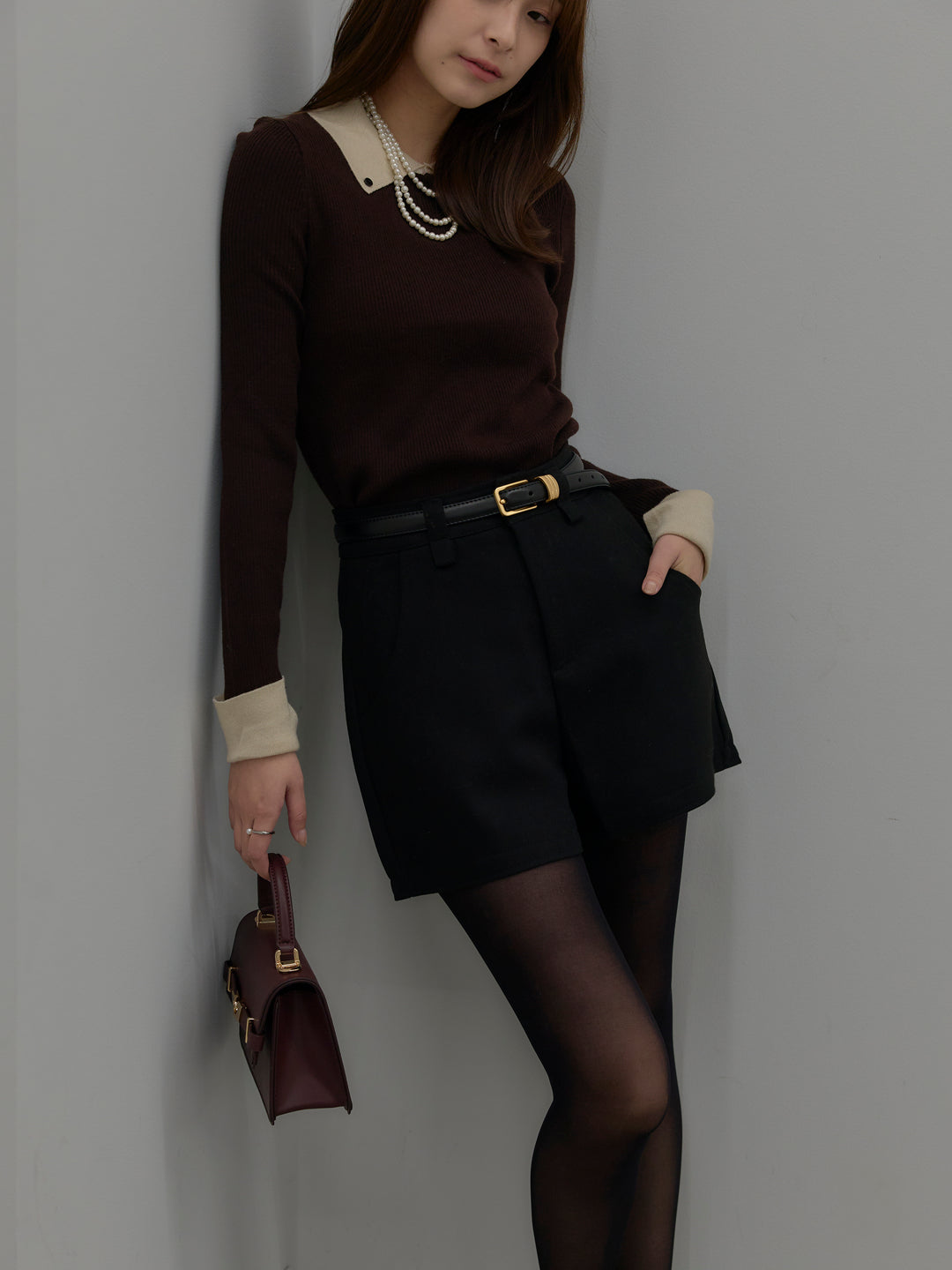 【SET】配色カフスニットポロ+ウールタッチミニショートパンツ(2set)