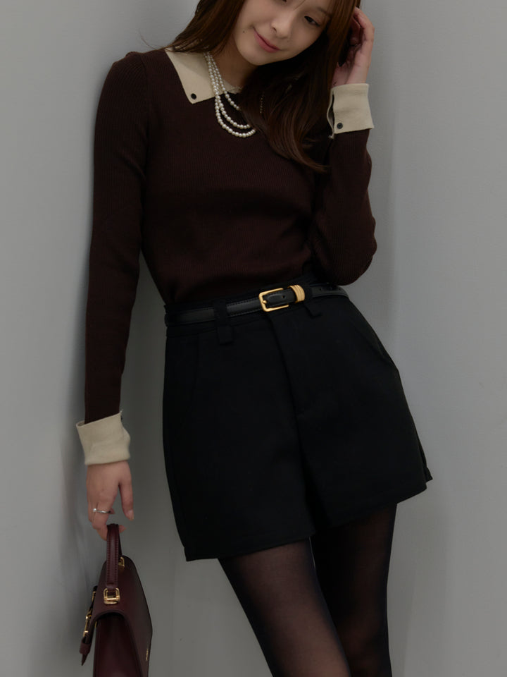 【SET】配色カフスニットポロ+ウールタッチミニショートパンツ(2set)