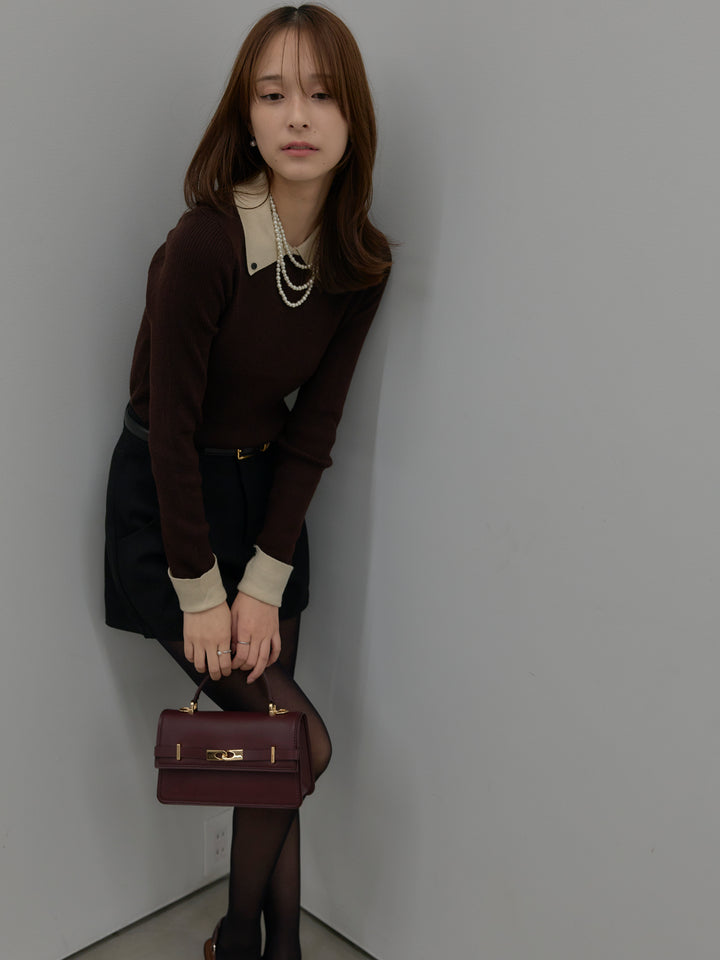 【SET】配色カフスニットポロ+ウールタッチミニショートパンツ(2set)