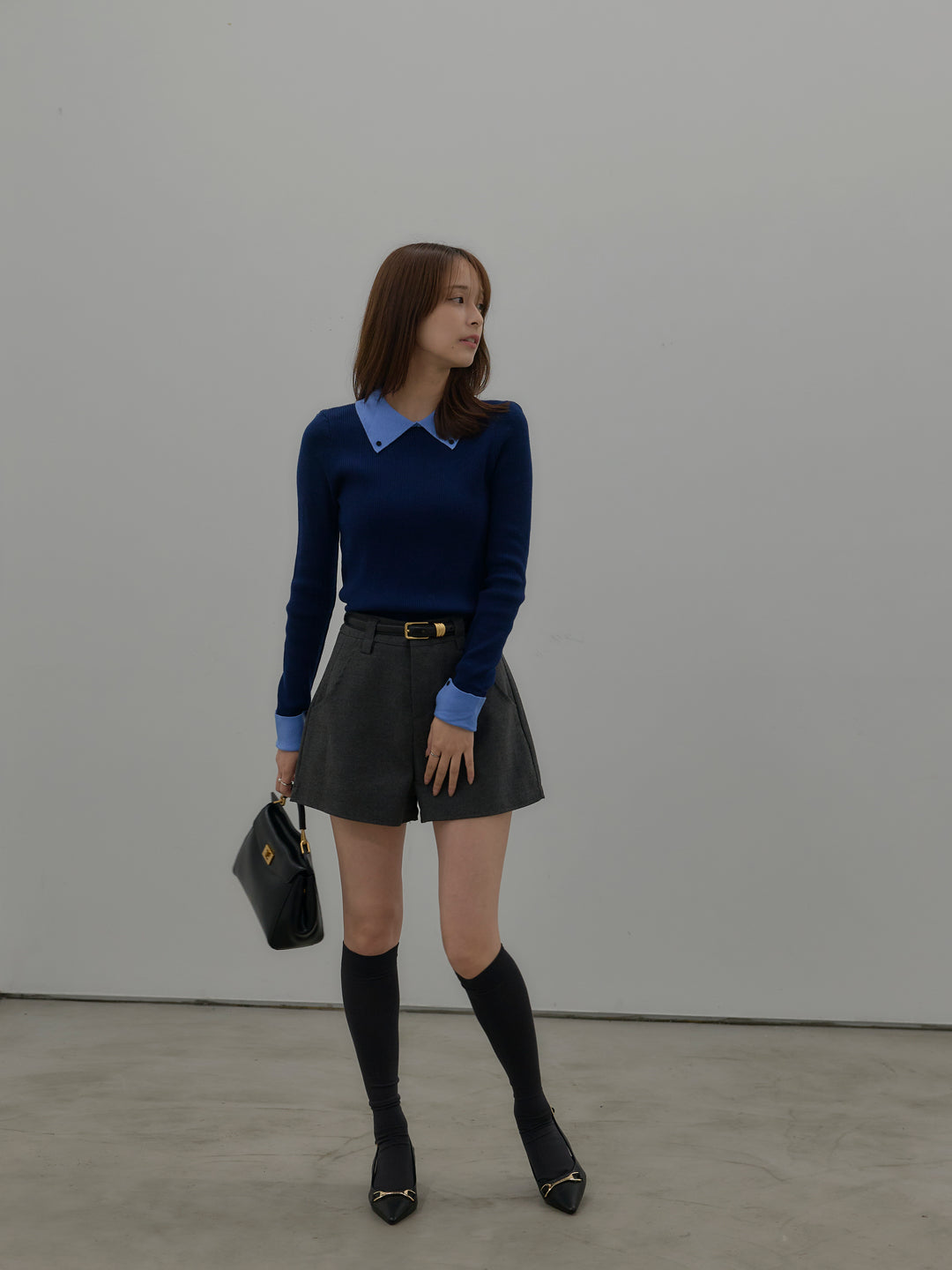 【SET】配色カフスニットポロ+ウールタッチミニショートパンツ(2set)
