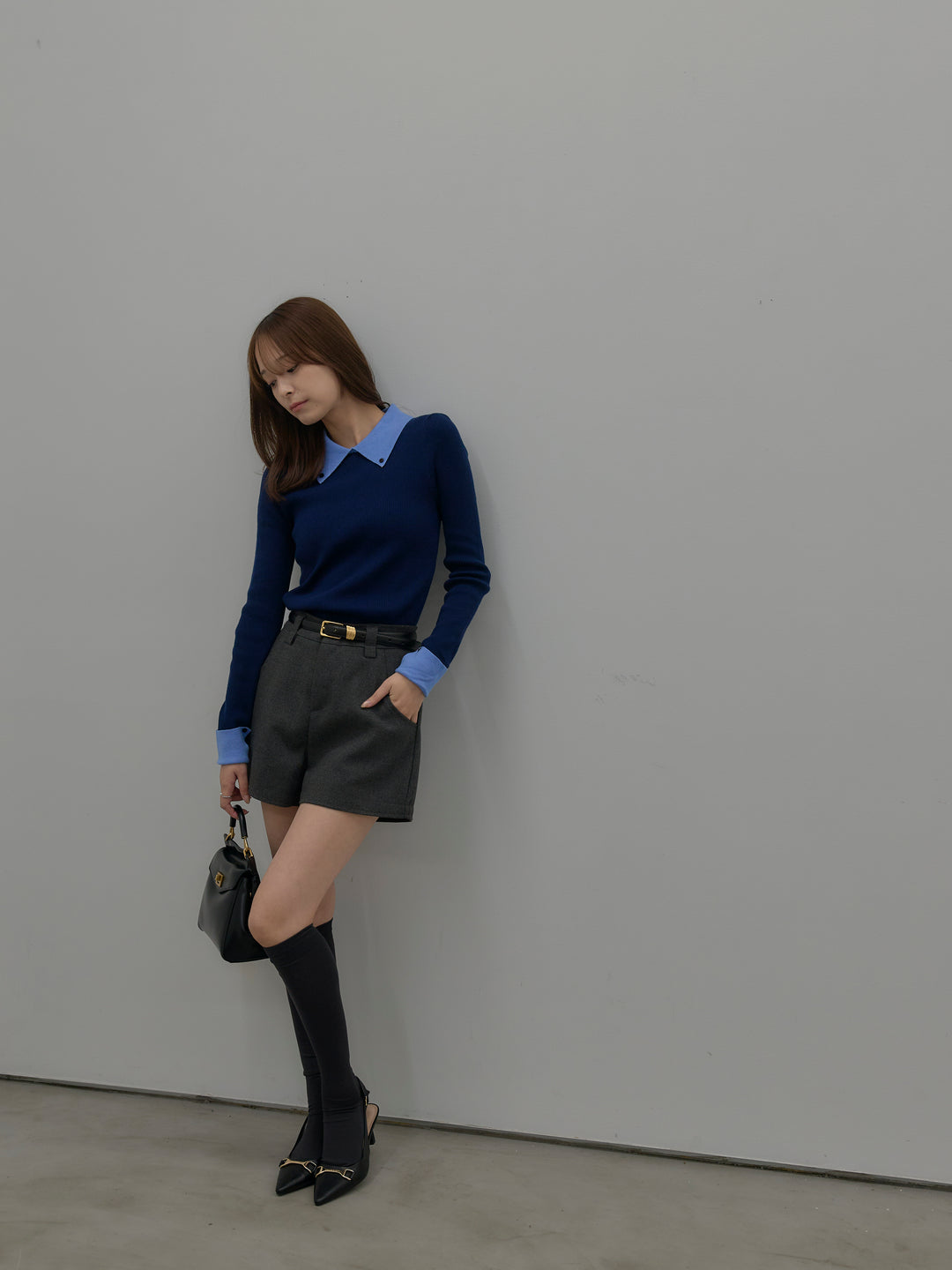 【SET】配色カフスニットポロ+ウールタッチミニショートパンツ(2set)