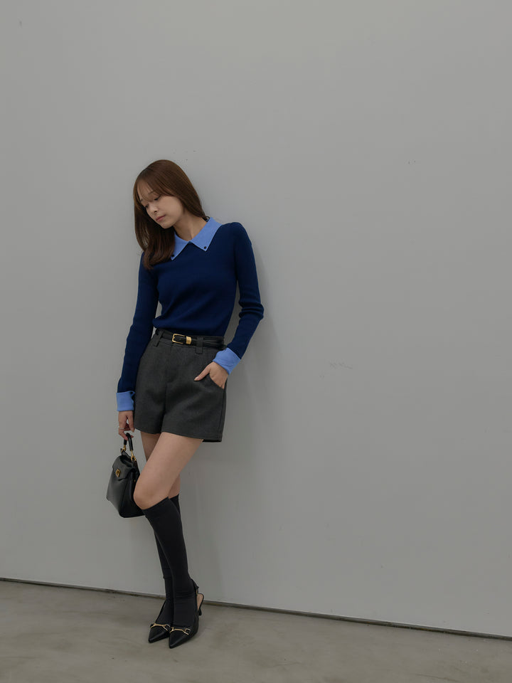【SET】配色カフスニットポロ+ウールタッチミニショートパンツ(2set)