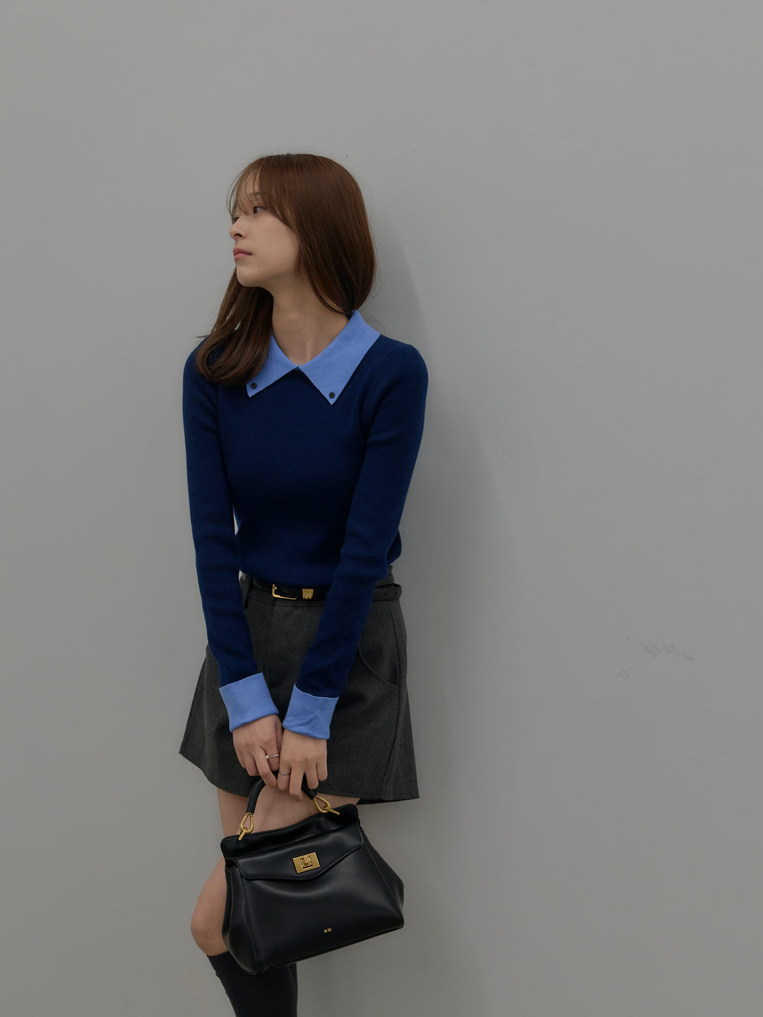 【SET】配色カフスニットポロ+ウールタッチミニショートパンツ(2set)