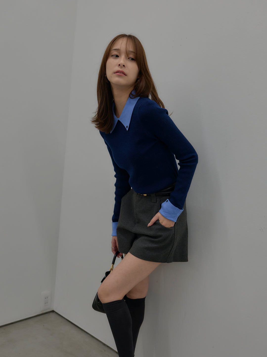 【SET】配色カフスニットポロ+ウールタッチミニショートパンツ(2set)