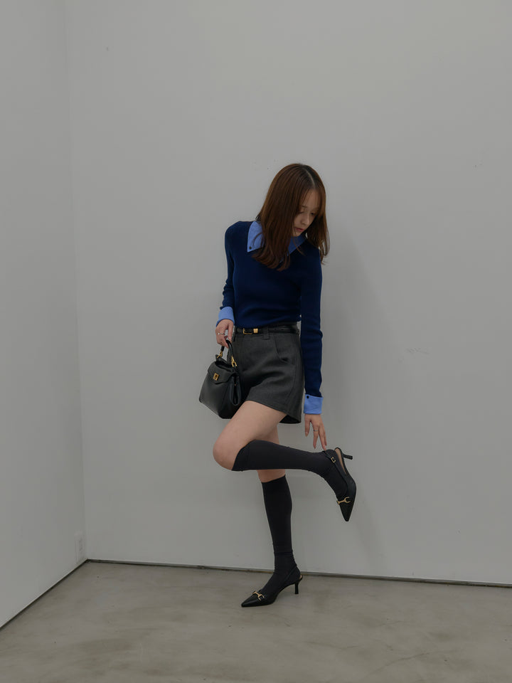 【SET】配色カフスニットポロ+ウールタッチミニショートパンツ(2set)